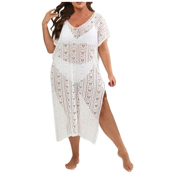 Xuhomer Plus Size Cover Ups for Women Lace Short Sleeve V-Neck Split Lace Beach Tassel Cover Up Bikini Bathing Suits Loose Crochet Long Sunscreen Cover Swimsuit Cover-up Dress White Free Size