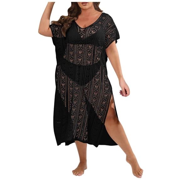 Xuhomer Plus Size Cover Ups for Women Lace Short Sleeve V-Neck Split Lace Beach Tassel Cover Up Bikini Bathing Suits Loose Crochet Long Sunscreen Cover Swimsuit Cover-up Dress Black Free Size