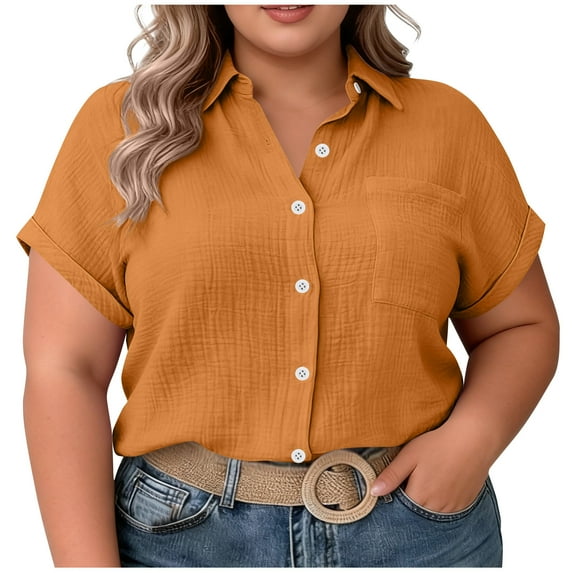Xuhomer Plus Size Linen Tops for Women Button Down Short Sleeve V-Neck T-Shirts Casual Business Work Loose Blouses with Pockets