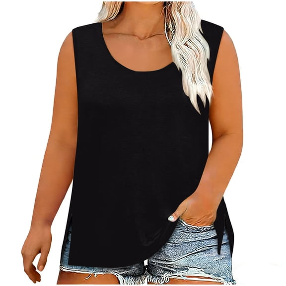 Xuhomer Plus Size Tops for Women Crew Neck Sleeveless Side Slit Tunics Blouse Casual Solid Color T-Shirts with Leggings to wear