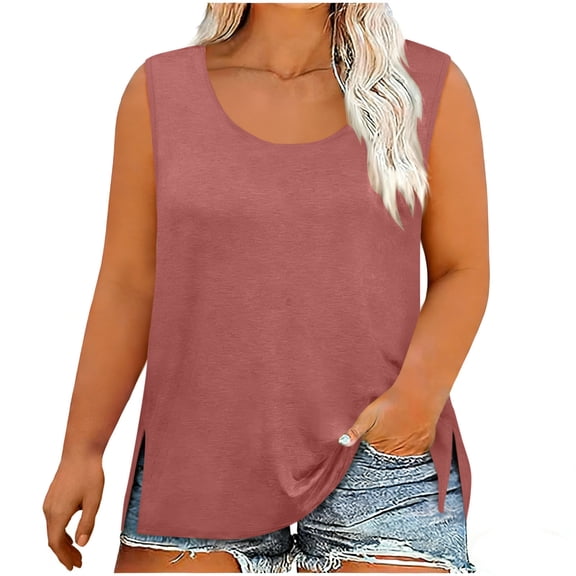 Xuhomer Plus Size Tops for Women Crew Neck Sleeveless Side Slit Tunics Blouse Casual Solid Color T-Shirts with Leggings to wear