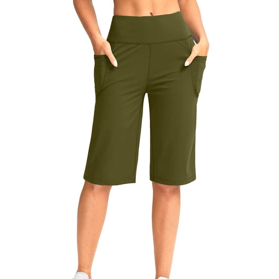 Xuhomer Running Shorts for Women Knee Length High Waisted Solid Color Pull On Sweat Shorts Yoga Gym Loose ShortsActive Workout Biker Short with Pockets Army Green 2XL