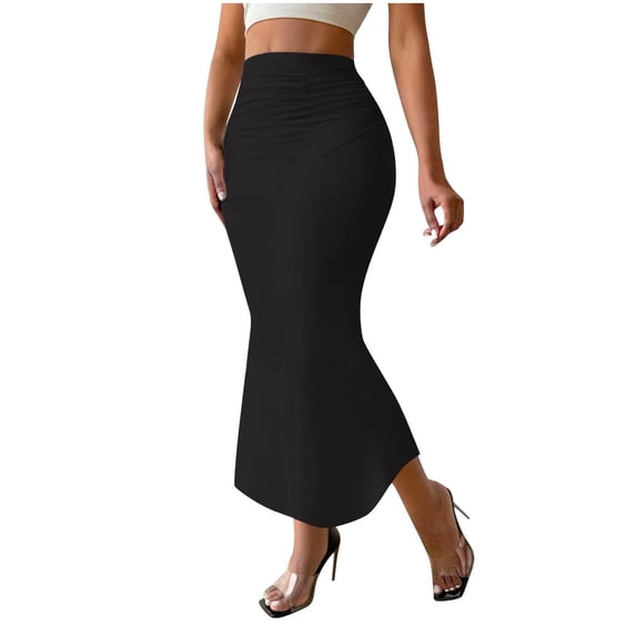 Xuhomer Springtime Skirt for Women Straight Elastic High Waist Satin A-Line Pencil Skirt Business Work Vacation Elegant Summer Long SkirtBlack S