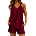 thumbnail image 1 of Xuhomer Summer 2 Piece Outfits for Women V-Neck Sleeveless Tank Tops and Elastic Waist Wide Leg Shorts Summer Pajamas Suits Casual Travel Vacation Outfit Wine L, 1 of 7