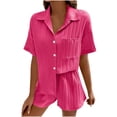 thumbnail image 1 of Xuhomer Summer 2 Piece Suits s for Women Solid Color Short Sleeve Button Down Tops Cover Up and Elastic Waist Wide Leg Shorts Summer Travel Vacation Outfits TrackSuits Matching Hot Pink S, 1 of 9
