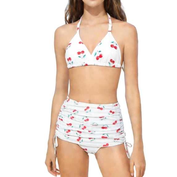 Vhkiploz Summer 2 Piece Swimsuits for Girls Solid Color Elastic Bra with High Elastic waisted Ruched Swimwear Vacation Beach Bikini Suits Bathing Suit for Teens 5-13 Years Children