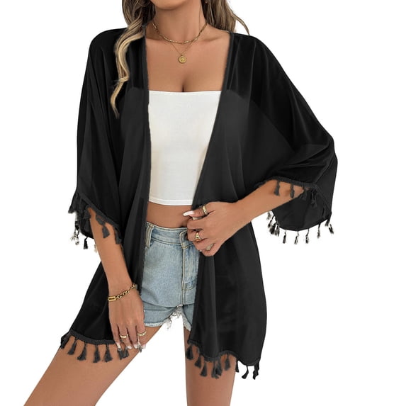 Xuhomer Summer Cover Ups for Women 3/4 Sleeve Flowy Beach Cover Up Bikini Swimsuits Bathing Suits Sunscreen Cover Drawstring Tassel Mesh Cardigan Swimsuit Cover-up Dress Black L