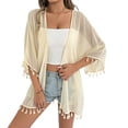 thumbnail image 1 of Xuhomer Summer Cover Ups for Women 3/4 Sleeve Flowy Beach Cover Up Bikini Swimsuits Bathing Suits Sunscreen Cover Drawstring Tassel Mesh Cardigan Swimsuit Cover-up Dress Beige S, 1 of 5
