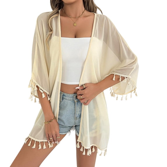 Xuhomer Summer Cover Ups for Women 3/4 Sleeve Flowy Beach Cover Up Bikini Swimsuits Bathing Suits Sunscreen Cover Drawstring Tassel Mesh Cardigan Swimsuit Cover-up Dress Beige S