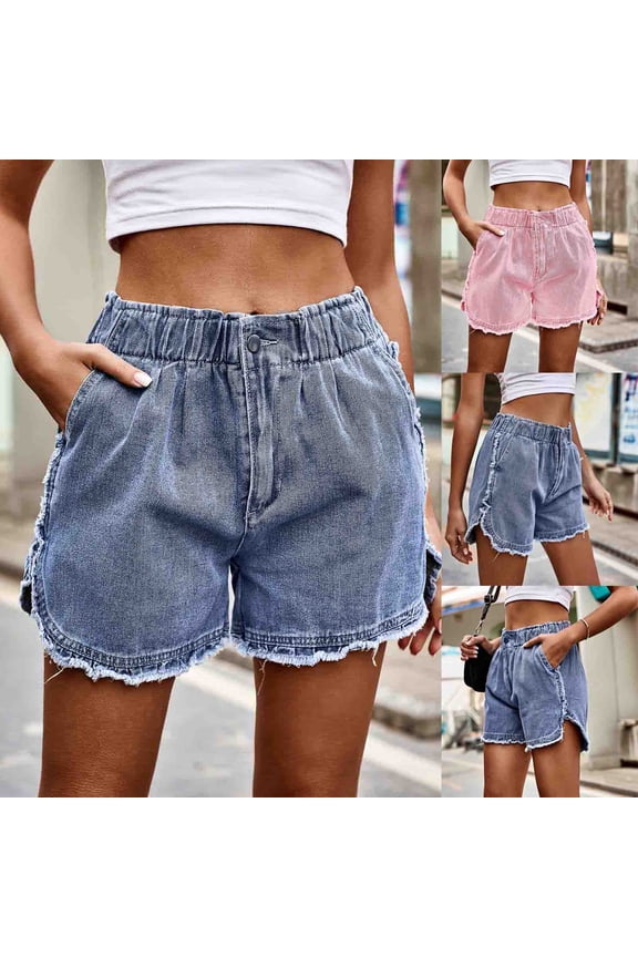 Summer Jean Shorts for Women Stretchy Cut Off Denim Shorts Casual Elastic Waist Hot Ragged Hem Tunics Shorts with Pockets