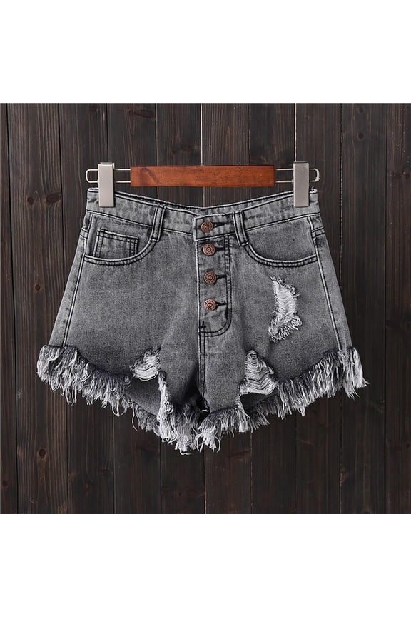 Summer Jeans Shorts for Women High Waisted Hemline Ripped Frayed Raw Shorts Vacation Casual Loose Button Closure Denim Shorts Gray 3XL