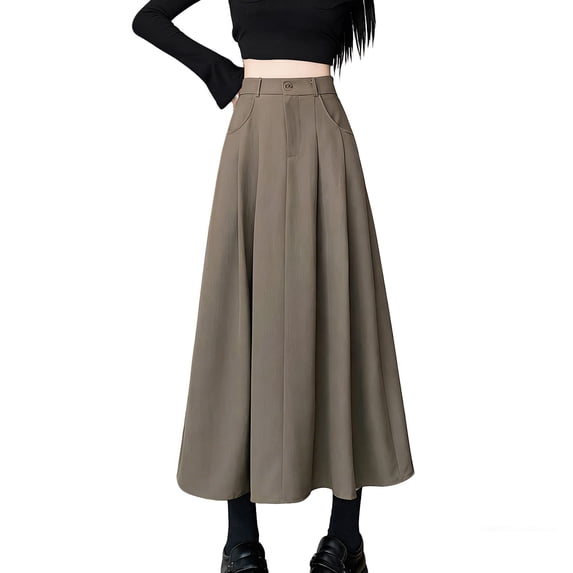 Xuhomer Summer Long Skirt for Women Button Down Solid Color Pleated High Waist A-Line Skirt Business Work Vacation School Casual SkirtCoffee S