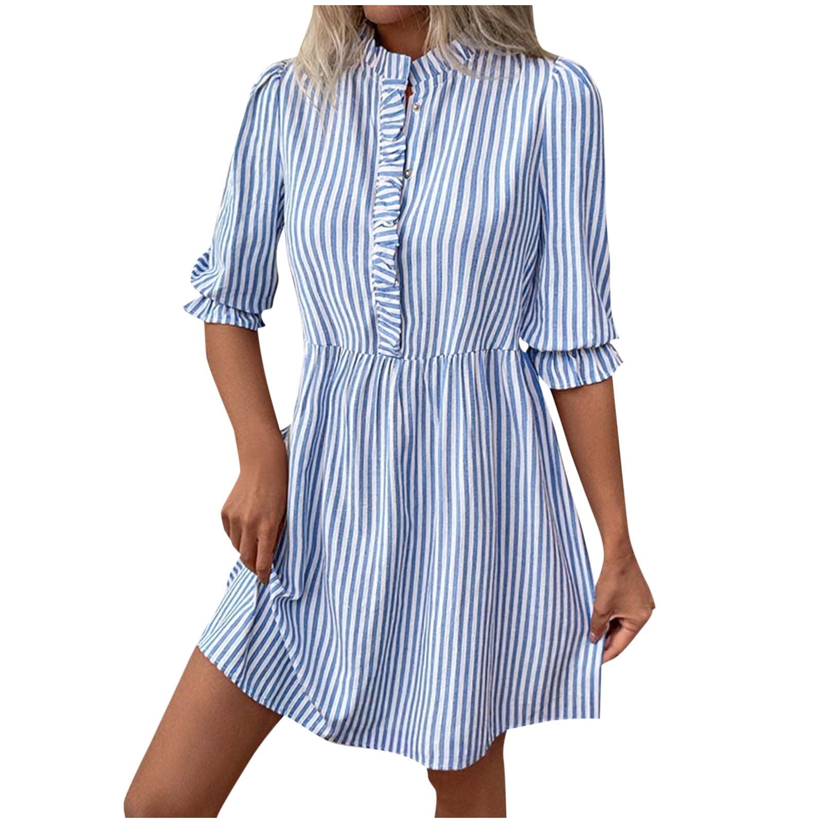 Work Sundresses Xuhomer Summer Midi Dress for Women Striped Buckle Elbow Sleeve Pleated ...
