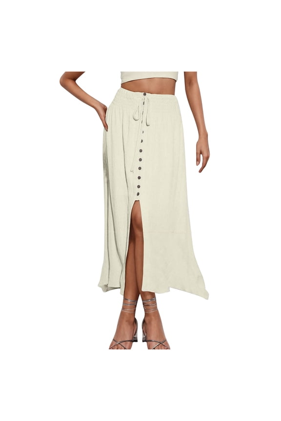 Xuhomer Summer Midi Skirt for Women Lace-Up Button Down Splited High Waist Straight Pencil Skirt Business Work Vacation Active Casual SkirtWhite M