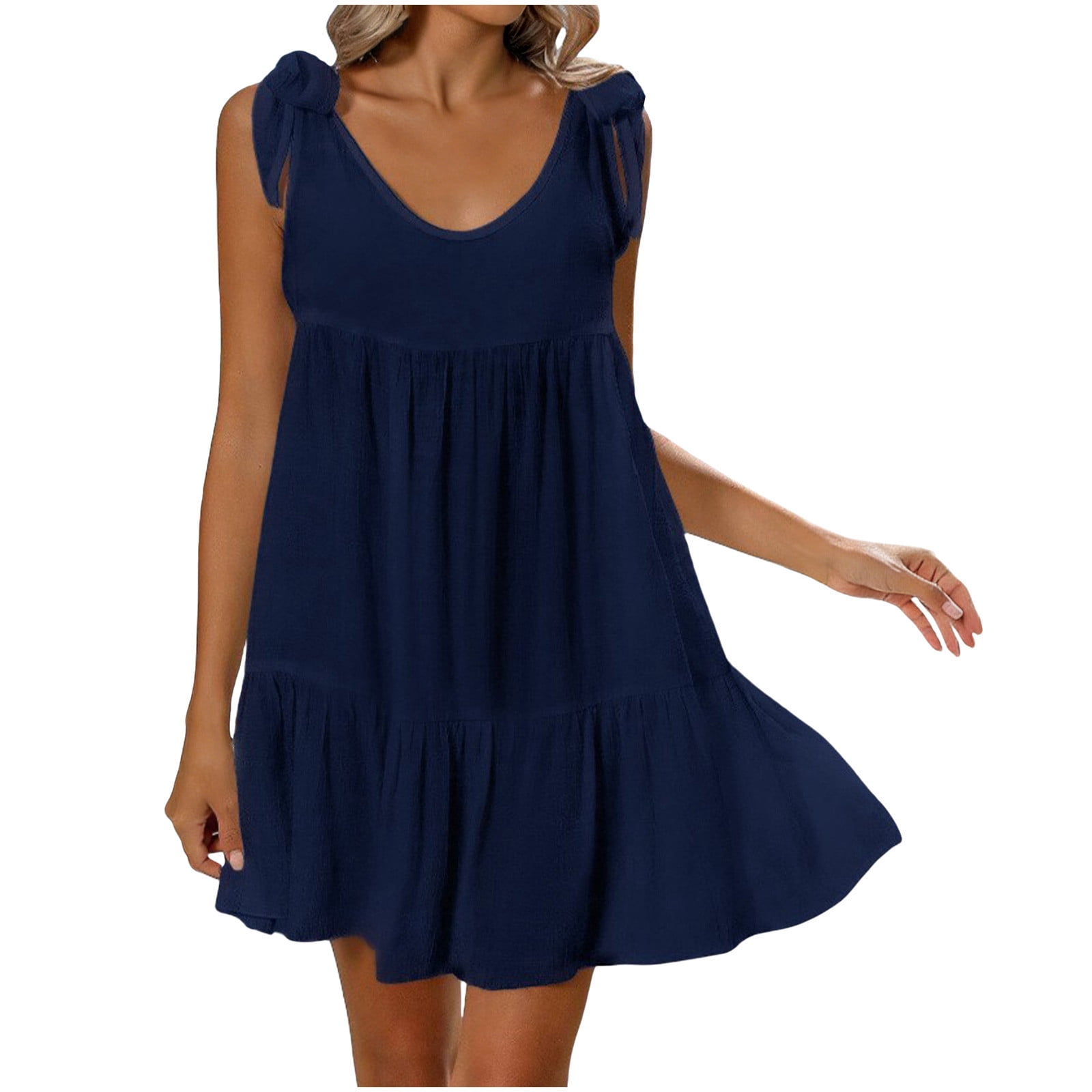 Xuhomer Summer Mini Dress for Women Ruffle Hem Sleeveless Crew Neck ...