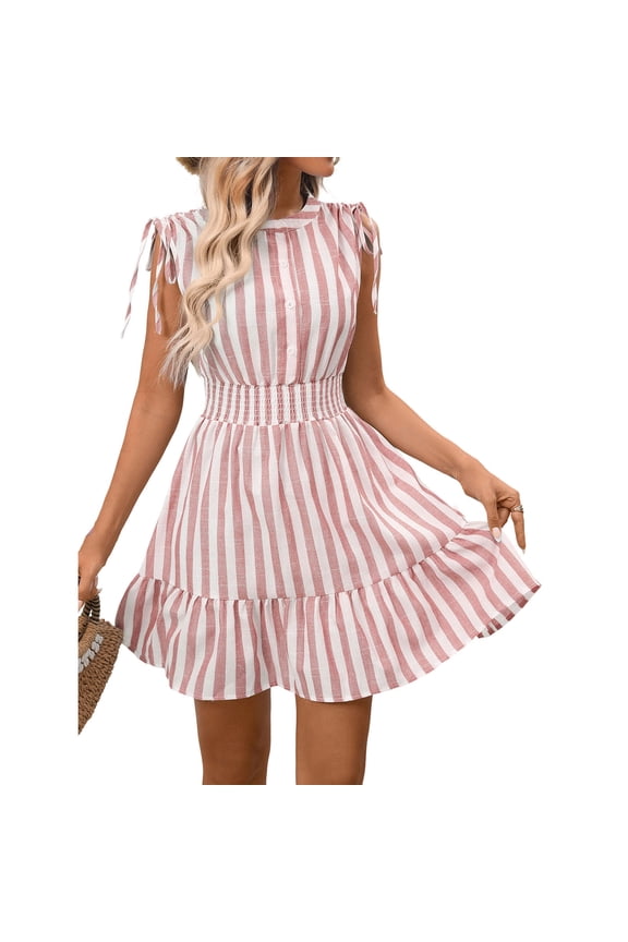 Summer Mini Dress for Women Striped Button Down Sleeveless Crew Neck Ruffle Hem A-Line Drawing Tank Sundress Vacation Business Workout Beach Flowy Tunics Cami Dresses Pink L