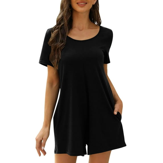 Vhkiploz Summer Rompers For Women Crew Neck Solid Color Shorts Overalls Jumpsuits Active Work Vacation Beach Outfits With Pockets
