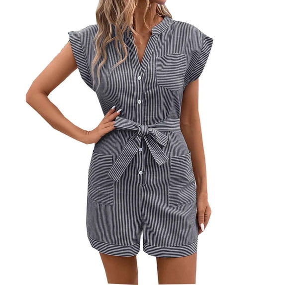 Vhkiploz Summer Rompers For Women Button Down Striped Printed V-Neck Shorts Overalls Jumpsuits Active Work Vacation Beach Belted Waisted Outfits With Pockets