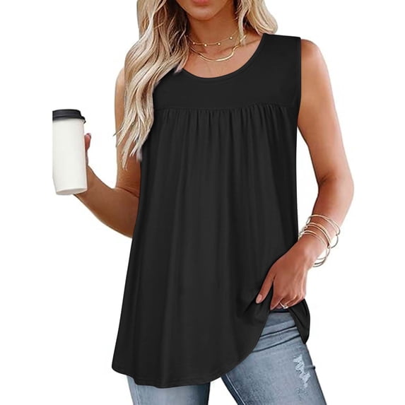 Xuhomer Summer Tank Top For Women Loose Crew Neck Pleated Workout Blouse Sleeveless Casual Flowy Cami Shirts Blouse