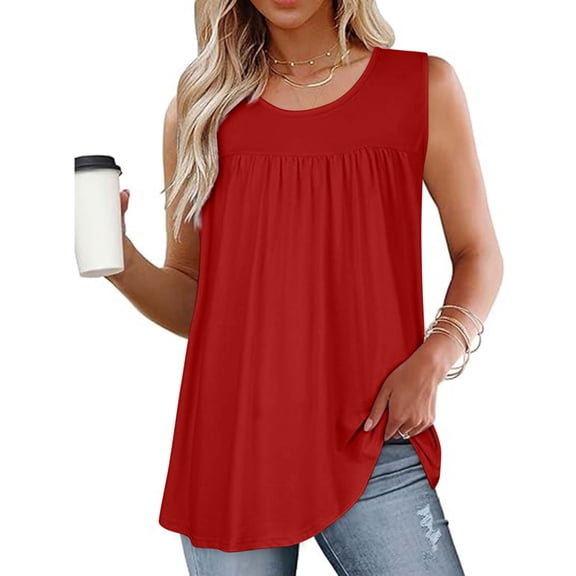 Xuhomer Summer Tank Top For Women Loose Crew Neck Pleated Workout Blouse Sleeveless Casual Flowy Cami Shirts Blouse