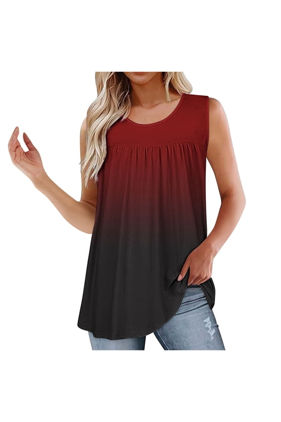Xuhomer Summer Tank Top For Women Loose Crew Neck Pleated Workout Blouse Sleeveless Casual Flowy Cami Shirts Blouse