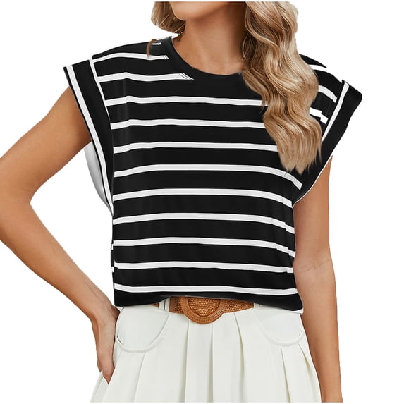Vhkiploz Summer Tank Tops for Women Crew Neck Sleeveless Cap Sleeve Tunics Blouse Striped Business Work Vacation Casual Loose T-Shirts