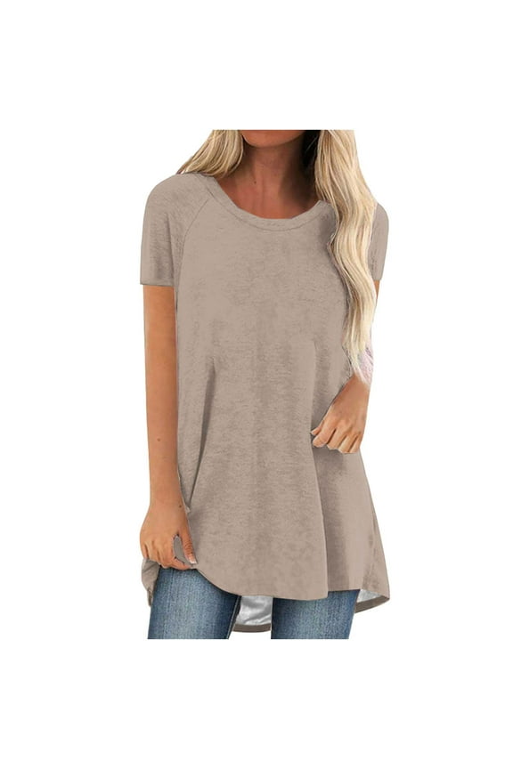 Summer Tops For Women Flowy Long Shirts Solid Color Crew Neck Long Tunics Or Tops To Wear With Leggings Short Sleeve Blouses Shirts
