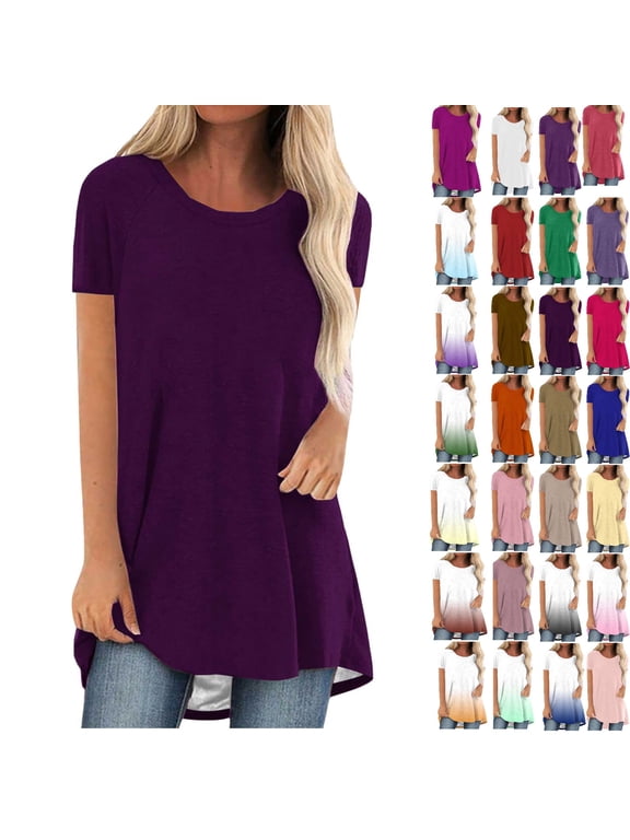 Summer Tops For Women Flowy Long Shirts Solid Color Crew Neck Long Tunics Or Tops To Wear With Leggings Short Sleeve Blouses Shirts