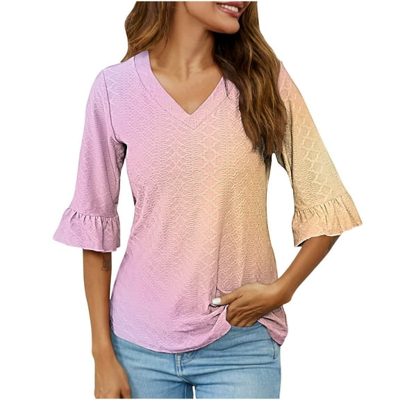 Xuhomer Summer Tops For Women Half-Sleeve V-Neck Blouse T-Shirt Gradient Ruffled Sleeve Tunic Top