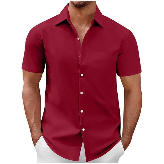 Vhkiploz Summer Tops for Men Button Down Solid Color Short Sleeve V-Neck Formal Shirt Casual Business Work Vacation Blouse