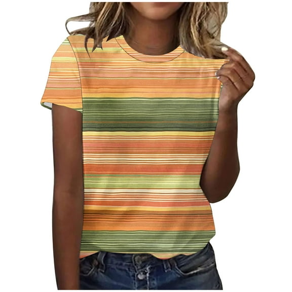 Xuhomer Summer Tops for Women Casual Multi Striped Short Sleeve Tunics Shirt Solid Color Crew Neck Top