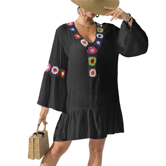 Xuhomer Sunscreen Cover for Women Crochet Floral Hollow Short Sleeve V-Neck Flowy Summer Cover Up Bikini Bathing Suits Loose Beach Tassel Cover Ups Swimsuit Cover-up Dress Black Free Size