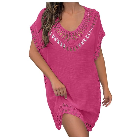 Xuhomer Sunscreen Cover for Women Crochet Hollow Short Sleeve Crew Neck Flowy Summer Cover Up Bikini Swimsuits Bathing Suits Loose Beach Cover Ups Swimsuit Cover-up Dress Hot Pink Free Size