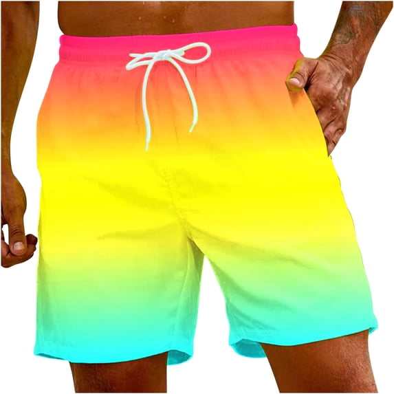 Xuhomer Swimming Trunk for Men's Drawstring Gradient Printed Elastic Waist Beach Pants Casual Training Active Workout Vacation Boys Short with Pockets Multicolor 3XL