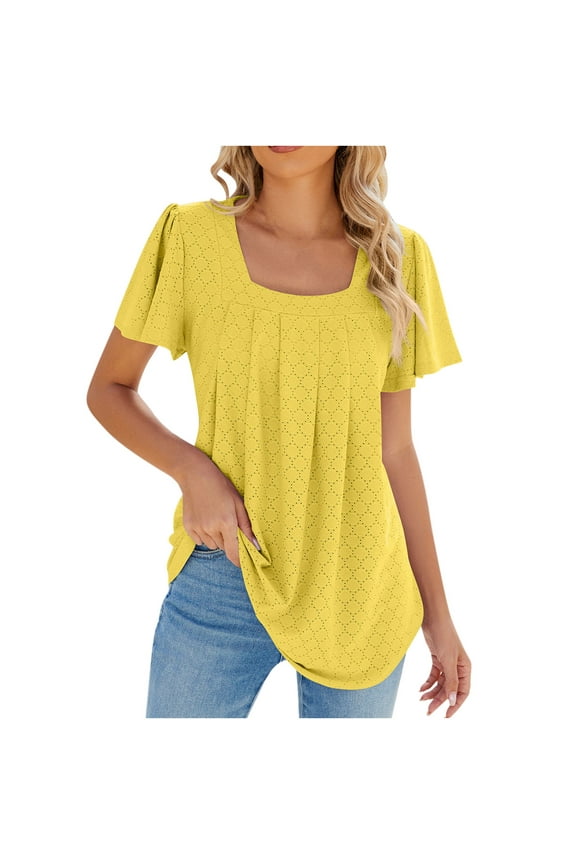 Tunic Long Tops for Women to wear with leggings Short Sleeve Crew Neck Pleated Shirts Loose Summer Solid Color Flowy Blouses