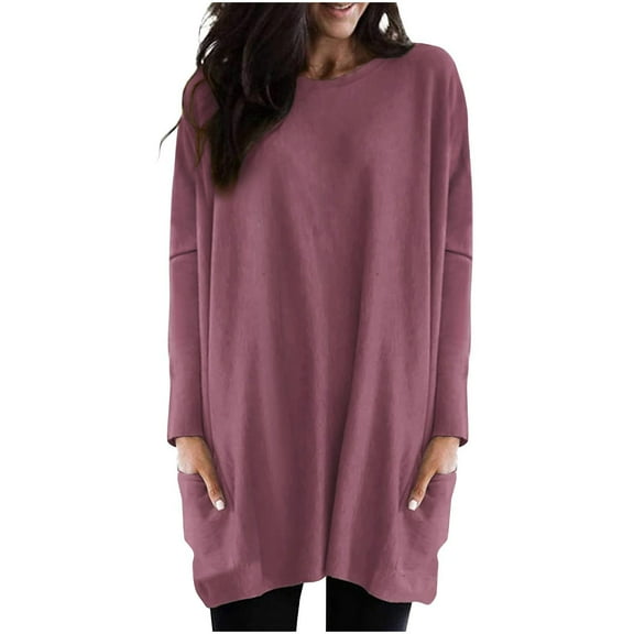 Xuhomer Tunic Tops For Leggings For Womens Long Sleeve Round Neck Loose Long Shirt With Pockets Crew Neck Fall Blouse