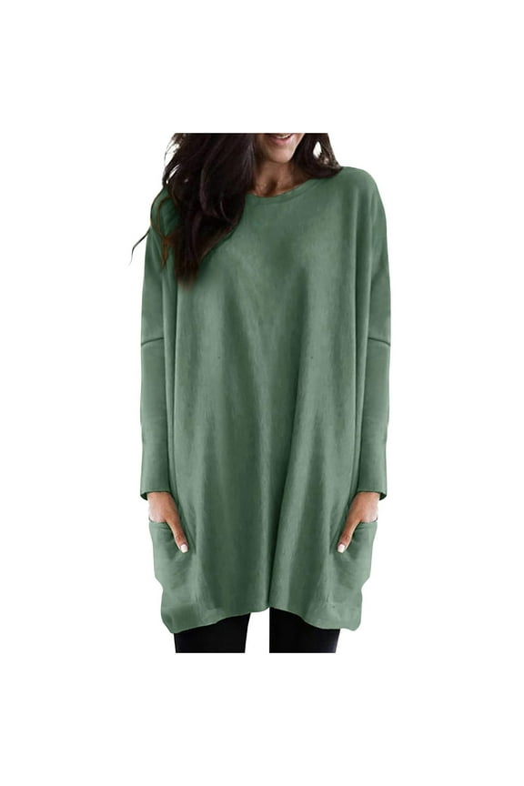Tunic Tops For Leggings For Womens Long Sleeve Round Neck Loose Long Shirt With Pockets Crew Neck Fall Blouse