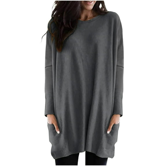 Vhkiploz Tunic Tops For Leggings For Womens Long Sleeve Round Neck Loose Long Shirt With Pockets Crew Neck Fall Blouse