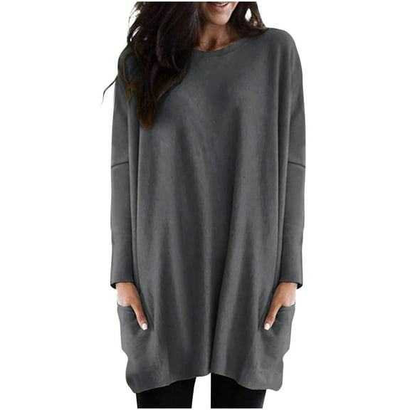 Xuhomer Tunic Tops For Leggings For Womens Long Sleeve Round Neck Loose Long Shirt With Pockets Crew Neck Fall Blouse