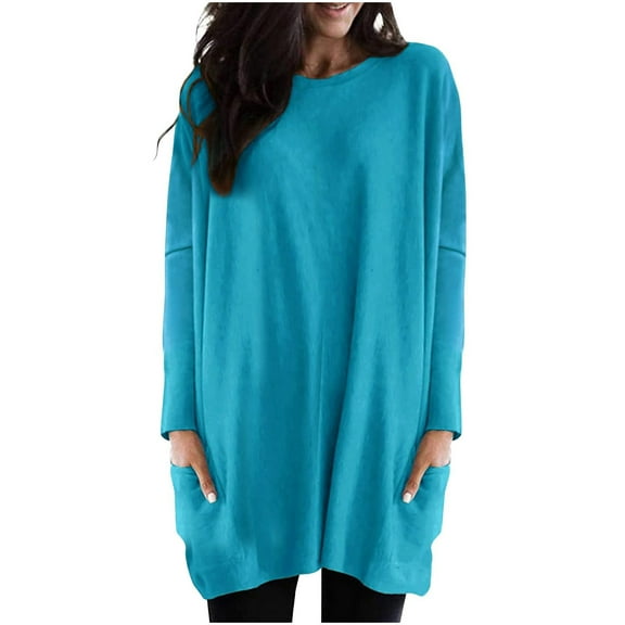 Xuhomer Tunic Tops For Leggings For Womens Long Sleeve Round Neck Loose Long Shirt With Pockets Crew Neck Fall Blouse