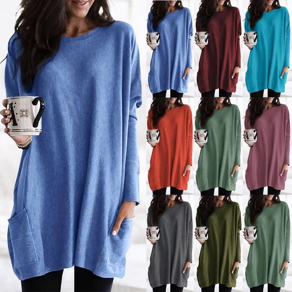 Xuhomer Tunic Tops For Leggings For Womens Long Sleeve Round Neck Loose Long Shirt With Pockets Crew Neck Fall Blouse