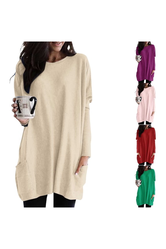Tunic Tops For Leggings For Womens Long Sleeve Round Neck Loose Long Shirt With Pockets Crew Neck Fall Blouse