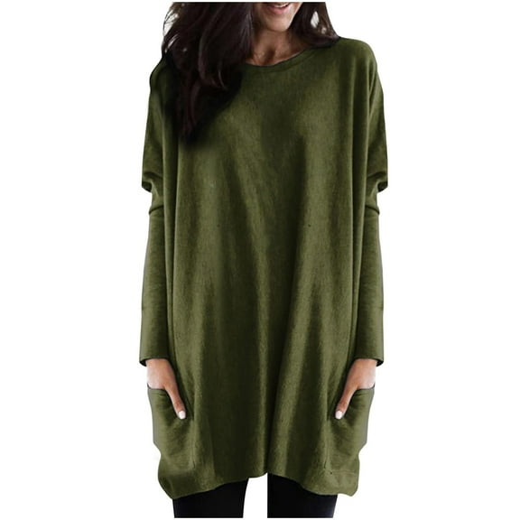 Xuhomer Tunic Tops For Leggings For Womens Long Sleeve Round Neck Loose Long Shirt With Pockets Crew Neck Fall Blouse