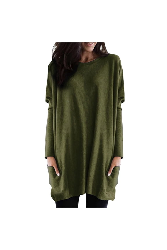 Tunic Tops For Leggings For Womens Long Sleeve Round Neck Loose Long Shirt With Pockets Crew Neck Fall Blouse