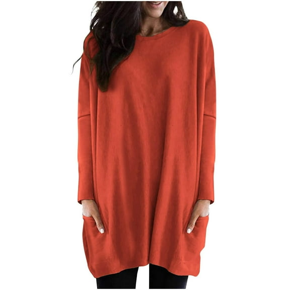 Xuhomer Tunic Tops For Leggings For Womens Long Sleeve Round Neck Loose Long Shirt With Pockets Crew Neck Fall Blouse