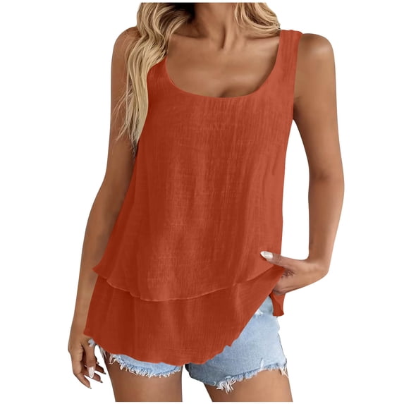 Vhkiploz Linen Tank Tops for Women Sleeveless Crew Neck Double Layered Camisole Blouse Vacation Casual Loose Solid Color Flowy Summer Cami Shirts Orange S