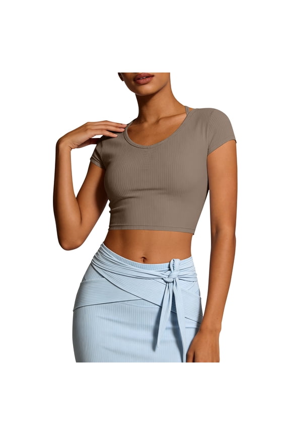 Summer Active Workout Tops for Women Short Sleeve Crew Neck Tunics Blouse Vacation Casual Running Yoga Gym Crop Shirts Brown M