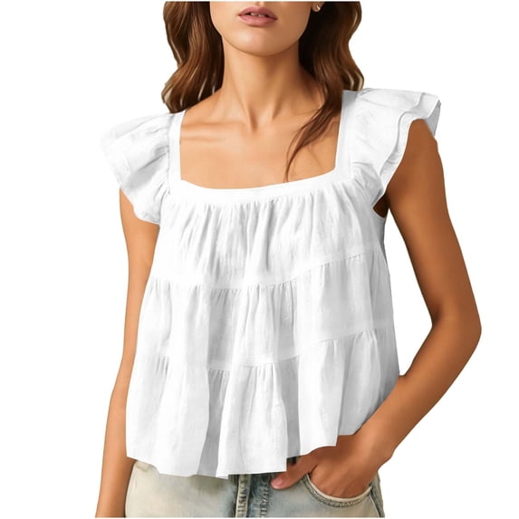 Vhkiploz Summer Linen Tops for Women Layered Ruffle Cap Sleeve Squared-Neck Blouse Business Work Vacation Casual Loose Flared Hem Crop Shirts White L