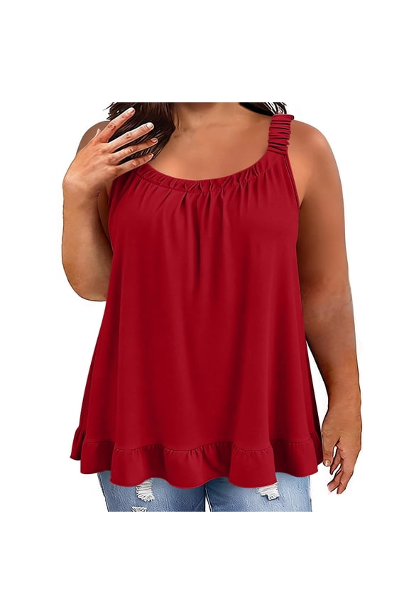 XuhomerSummer Plus Size Tops for Women Crew Neck Sleeveless Elastic Straps Flowy Camisole Shirts Vacation Casual Cami Tunics Blouse Ruffle Hem Tank Tops Red 3XL