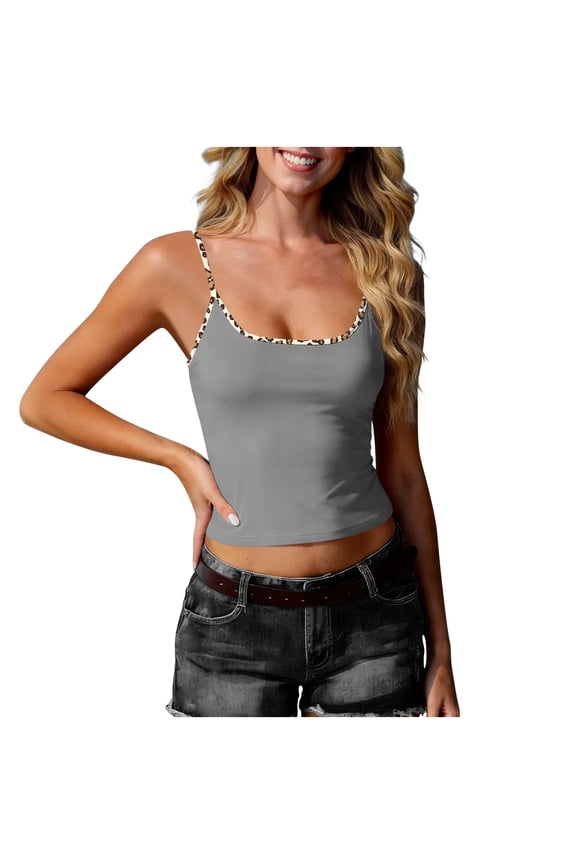 Summer Tank Tops for Women Printed Sleeveless Crew Neck Camisole Vacation Casual Tunics Blouse Active Workout Cami Tops Gray S